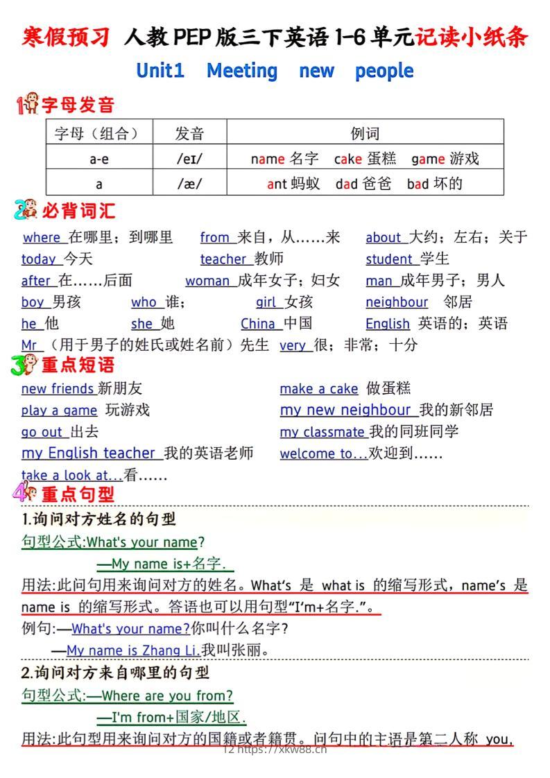 人教PEP版三下英语1-6单元记读小纸条-佑学宝学科网