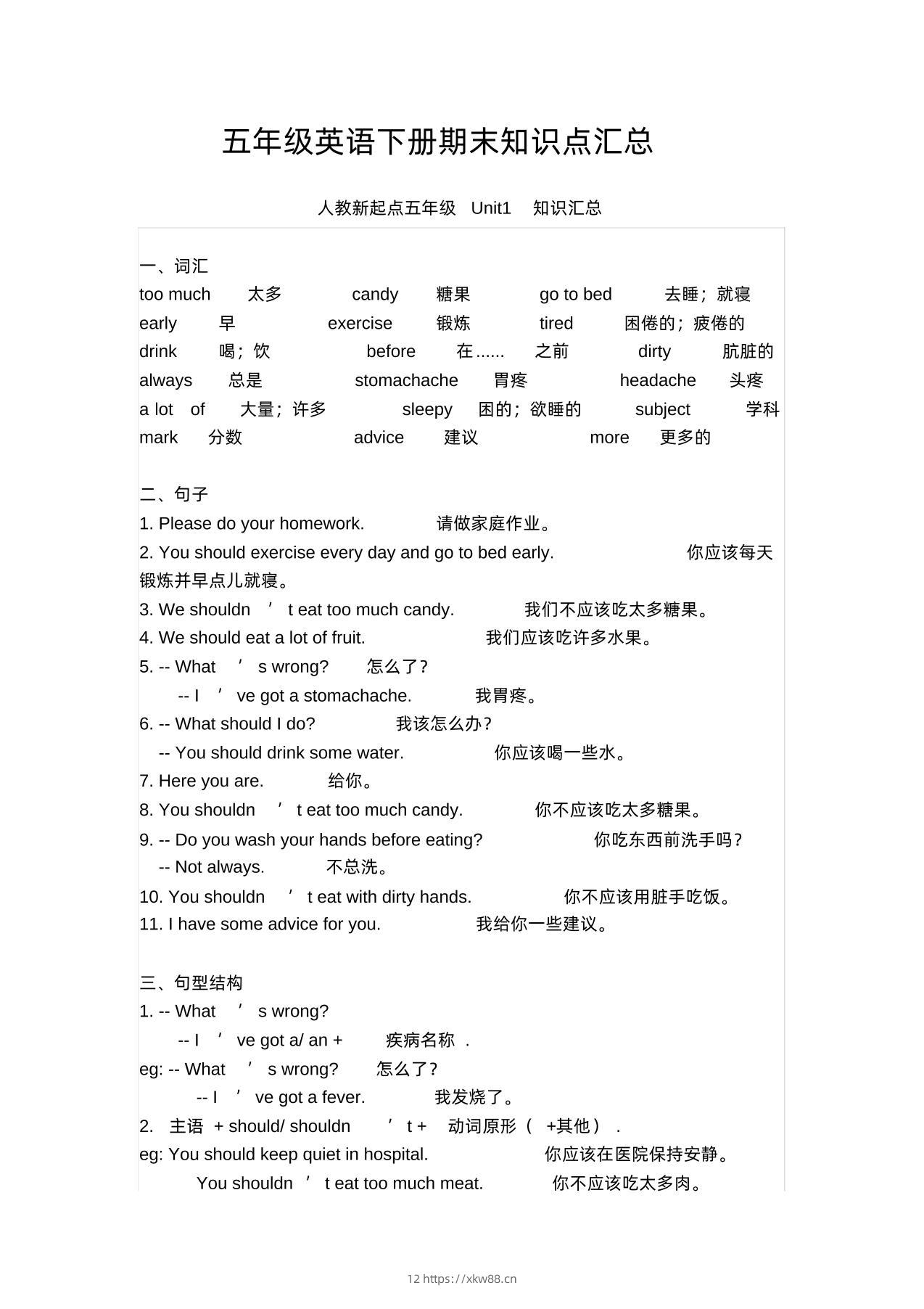 五年级英语下册期末知识清单汇总(人教新起点)-佑学宝学科网