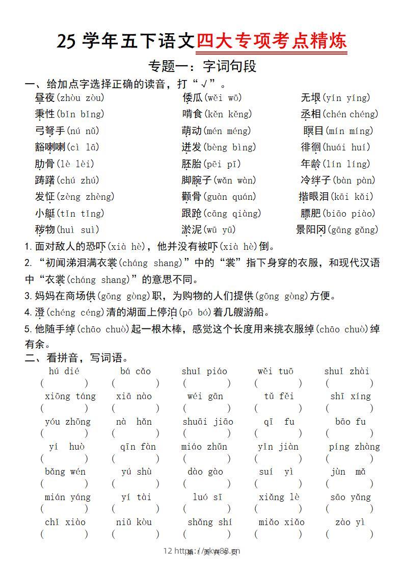 25学年五下语文四大专项考点精炼（专题一：字词句段）-佑学宝学科网