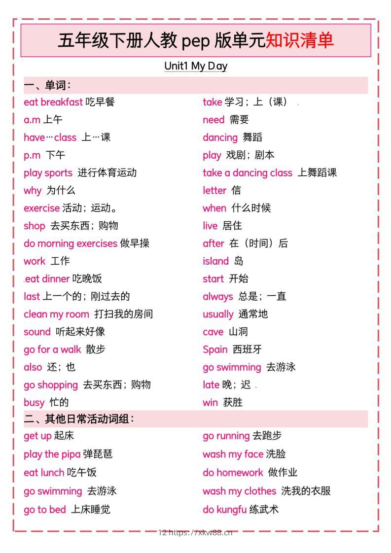 五下英语人教pep版单元知识清单-佑学宝学科网