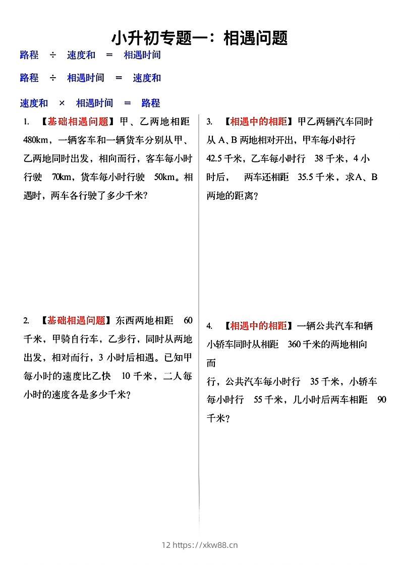 六年级小升初必考应用题12大专题（空白版）-佑学宝学科网