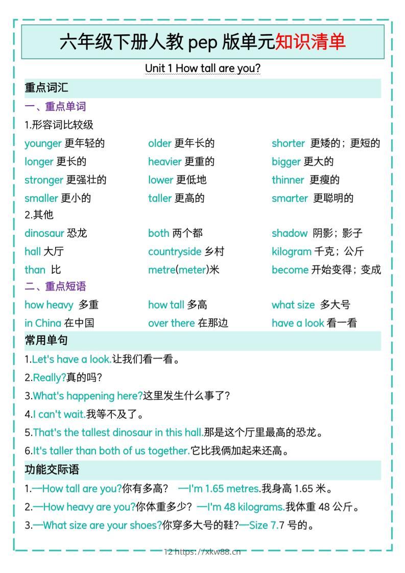 六下英语人教pep版单元知识清单-佑学宝学科网