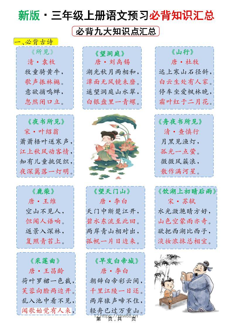 新版三上语文预习必背九大知识点汇总（15页）-佑学宝学科网