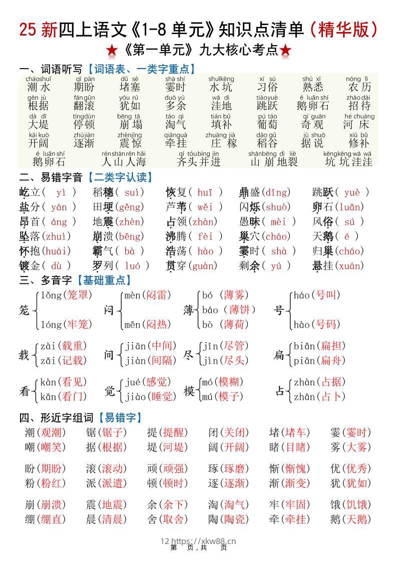 25新四上语文1-8单元知识点清单（精华版）九大核心考点23页-佑学宝学科网