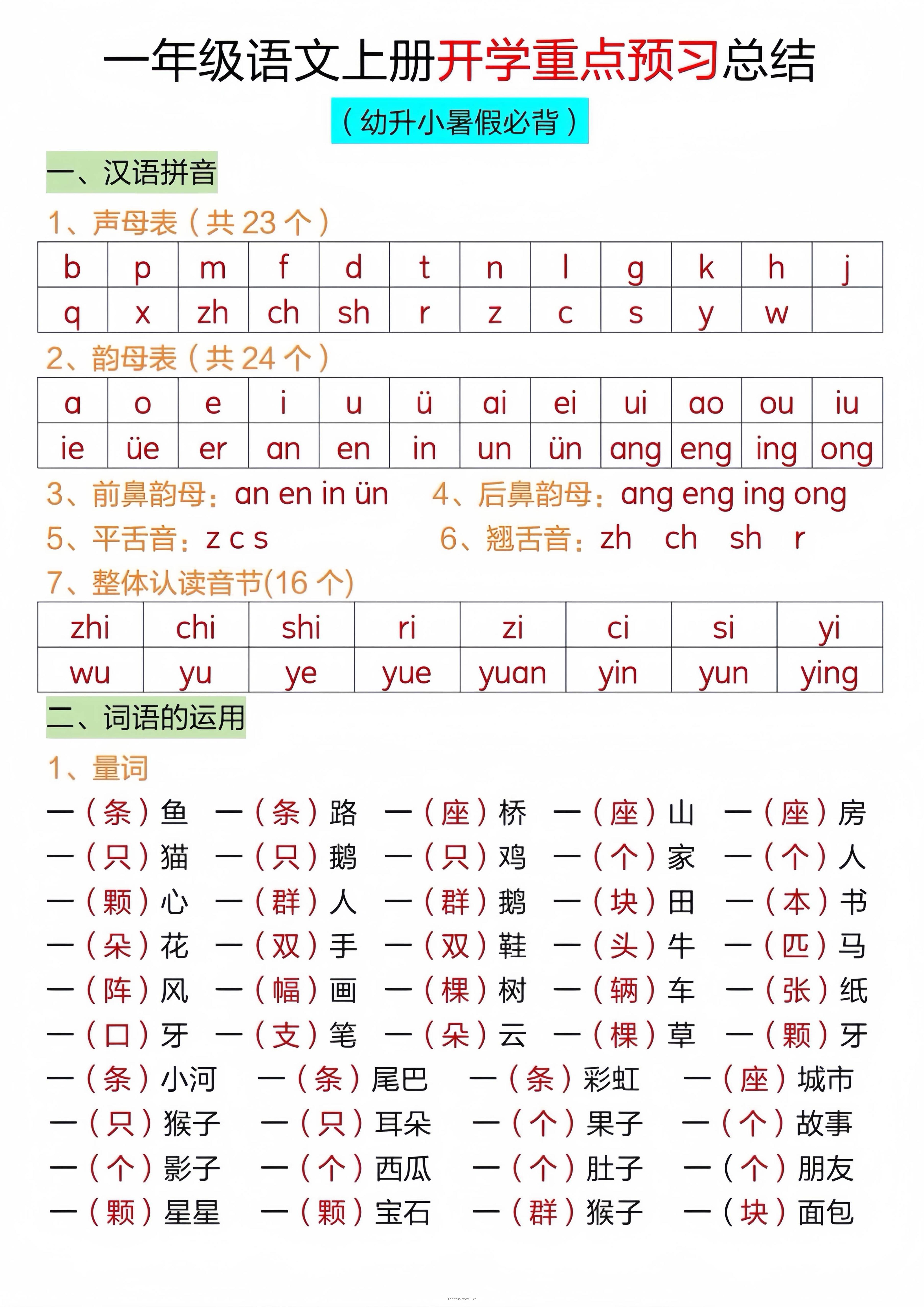 一年级上语文开学重点预习总结-佑学宝学科网